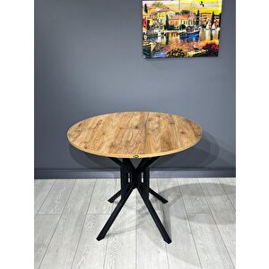 Sedef Ceviz Yuvarlak Mutfak Masası Yemek Masası Balkon Masası Metal Siyah Ayak 100 Cm