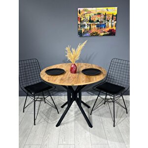 Sedef Ceviz Yuvarlak Mutfak Masası Yemek Masası Balkon Masası Metal Siyah Ayak 100 Cm