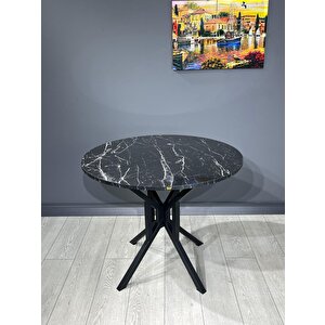 Sedef Siyah Mermer Yuvarlak Mutfak Masası Yemek Masası Balkon Masası Metal Siyah Ayak 100 Cm