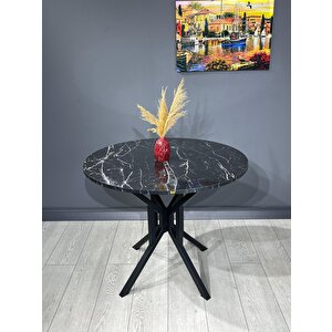 Sedef Siyah Mermer Yuvarlak Mutfak Masası Yemek Masası Balkon Masası Metal Siyah Ayak 100 Cm