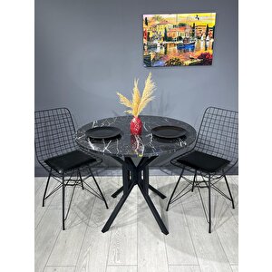 Sedef Siyah Mermer Yuvarlak Mutfak Masası Yemek Masası Balkon Masası Metal Siyah Ayak 100 Cm