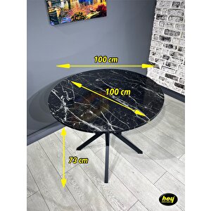 Sedef Siyah Mermer Yuvarlak Mutfak Masası Yemek Masası Balkon Masası Metal Siyah Ayak 100 Cm