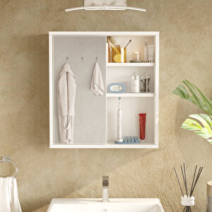 Aqua Aynalı Lavabo Üstü Banyo Dolabı Raflı Kapaklı 60cm Beyaz