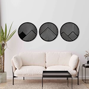 Ahşap Duvar Tablosu, 3 Parça Oval Ahşap Modern Duvar Dekoru, Geometrik Desen Duvar Paneli, Siyah 58,5x58,5 cm
