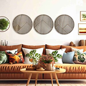 Ahşap Duvar Tablosu, 3 Parça Oval Ahşap Modern Duvar Dekoru, Geometrik Desen Duvar Paneli, Mostar 71x71 cm