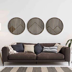 Ahşap Duvar Tablosu, 3 Parça Oval Ahşap Modern Duvar Dekoru, Geometrik Desen Duvar Paneli, Akasya 58,5x58,5 cm