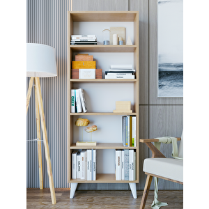 Kitaplık Marbella - Parlak Beyaz 5 Raflı Açık Kitaplık Ceviz