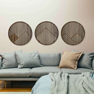 Ahşap Duvar Tablosu, 3 Parça Oval Ahşap Modern Duvar Dekoru, Geometrik Desen Duvar Paneli, Akasya 28x28 cm