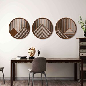 Ahşap Duvar Tablosu, 3 Parça Oval Ahşap Modern Duvar Dekoru, Geometrik Desen Duvar Paneli, Ceviz 40,5x40,5 cm