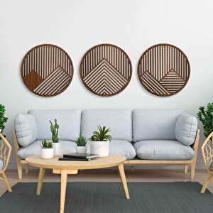 Ahşap Duvar Tablosu, 3 Parça Oval Ahşap Modern Duvar Dekoru, Geometrik Desen Duvar Paneli, Ceviz 71x71 cm