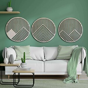 Ahşap Duvar Tablosu, 3 Parça Oval Ahşap Modern Duvar Dekoru, Geometrik Desen Duvar Paneli, Akçaağaç 58,5x58,5 cm