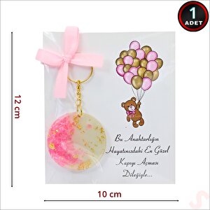 Kartlıklı Pembe Taşlı Epoksi Anahtarlık, Altın - 1 Adet
