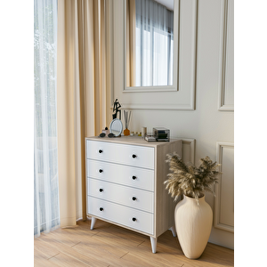 Şifonyer Cordoba Parlak Beyaz-kahverengi 4 Çekmeceli Country Şifonyer Komodin Cordoba