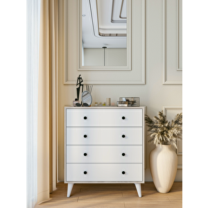 Şifonyer Cordoba Parlak Beyaz-kahverengi 4 Çekmeceli Country Şifonyer Komodin Cordoba