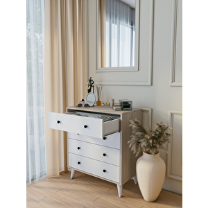 Şifonyer Cordoba Parlak Beyaz-kahverengi 4 Çekmeceli Country Şifonyer Komodin Cordoba