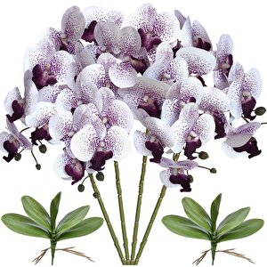 4lü Set Yapay Çiçek Beyaz Mor Çilli Islak Orkide Ve 2 Adet Orkide Yaprağı Gerçeksi Doku Uzun Dal 90cm