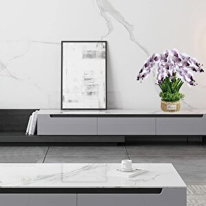 4lü Set Yapay Çiçek Beyaz Mor Çilli Islak Orkide Ve 2 Adet Orkide Yaprağı Gerçeksi Doku Uzun Dal 90cm
