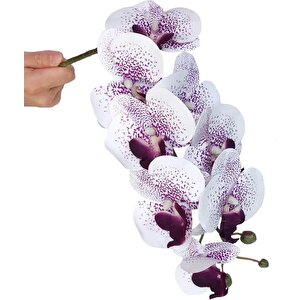 4lü Set Yapay Çiçek Beyaz Mor Çilli Islak Orkide Ve 2 Adet Orkide Yaprağı Gerçeksi Doku Uzun Dal 90cm