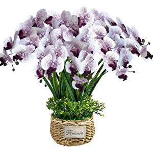 4lü Set Yapay Çiçek Beyaz Mor Çilli Islak Orkide Ve 2 Adet Orkide Yaprağı Gerçeksi Doku Uzun Dal 90cm