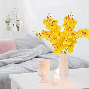 4lü Set Yapay Çiçek Sarı Islak Orkide Ve 2 Adet Orkide Yaprağı Gerçeksi Doku Uzun Dal 90cm