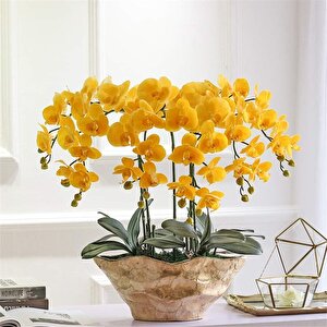 4lü Set Yapay Çiçek Sarı Islak Orkide Ve 2 Adet Orkide Yaprağı Gerçeksi Doku Uzun Dal 90cm
