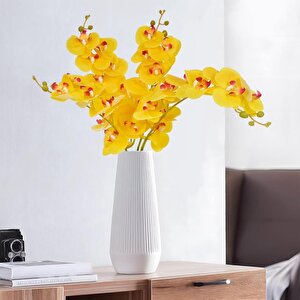 4lü Set Yapay Çiçek Sarı Islak Orkide Ve 2 Adet Orkide Yaprağı Gerçeksi Doku Uzun Dal 90cm