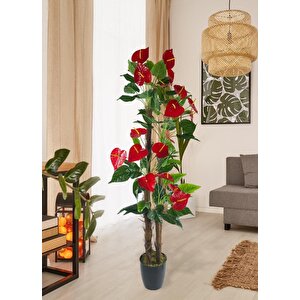 Yapay Ağaç Kırmızı  Antoryum 4katlı 175cm Salon Çiçeği Yapay Çiçek