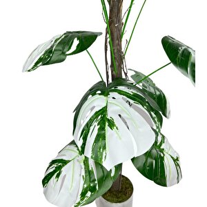 Yapay Ağaç Beyaz Monstera 18 Dallı Çalılı Gövde 120x60cm Gümüş Aleminyum Saksıda