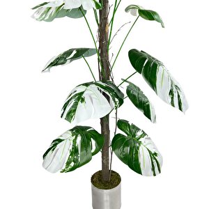 Yapay Ağaç Beyaz Monstera 18 Dallı Çalılı Gövde 120x60cm Gümüş Aleminyum Saksıda
