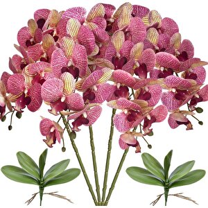 4lü Set Yapay Çiçek Fuşya Çilli Islak Orkide Ve 2 Adet Orkide Yaprağı Gerçeksi Doku Uzun Dal 90cm