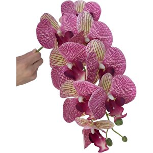 4lü Set Yapay Çiçek Fuşya Çilli Islak Orkide Ve 2 Adet Orkide Yaprağı Gerçeksi Doku Uzun Dal 90cm