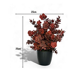 Yapay Çiçek Siyah Saksıda Okaliptus Şimşir Demeti Pudralı Pastel Bordo Dekoratif Yapay Bitki