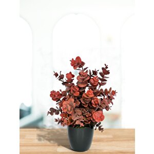 Yapay Çiçek Siyah Saksıda Okaliptus Şimşir Demeti Pudralı Pastel Bordo Dekoratif Yapay Bitki