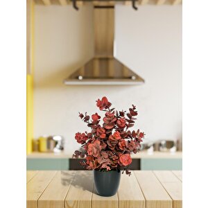 Yapay Çiçek Siyah Saksıda Okaliptus Şimşir Demeti Pudralı Pastel Bordo Dekoratif Yapay Bitki