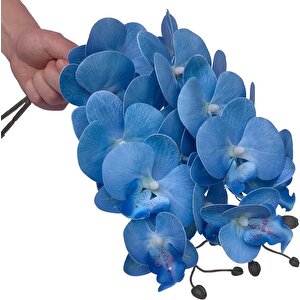 4lü Set Yapay Çiçek Mavi Islak Orkide Ve 2 Adet Orkide Yaprağı Gerçeksi Doku Uzun Dal 90cm