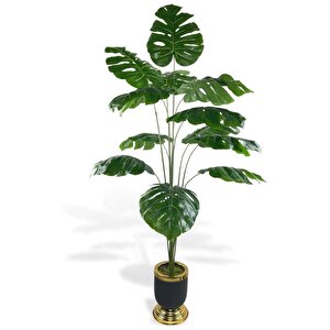 Yapay Ağaç Monstera Ağacı Salon Bitkisi Siyah Gold Metal Vazoda 130 Cm 12 Yaprak