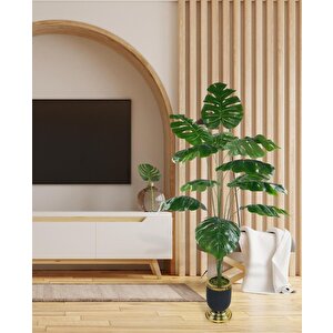Yapay Ağaç Monstera Ağacı Salon Bitkisi Siyah Gold Metal Vazoda 130 Cm 12 Yaprak