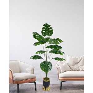 Yapay Ağaç Monstera Ağacı Salon Bitkisi Siyah Gold Metal Vazoda 130 Cm 12 Yaprak