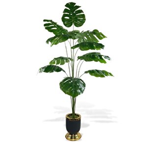 Yapay Ağaç Monstera Ağacı Salon Bitkisi Siyah Gold Metal Vazoda 130 Cm 12 Yaprak