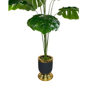 Yapay Ağaç Monstera Ağacı Salon Bitkisi Siyah Gold Metal Vazoda 130 Cm 12 Yaprak