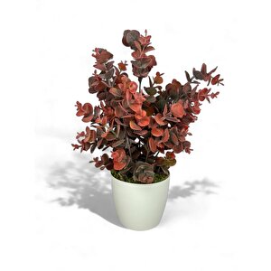 Yapay Çiçek Beyaz Saksıda Okaliptus Şimşir Demeti Pudralı Pastel Bordo Dekoratif Yapay Bitki