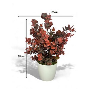 Yapay Çiçek Beyaz Saksıda Okaliptus Şimşir Demeti Pudralı Pastel Bordo Dekoratif Yapay Bitki