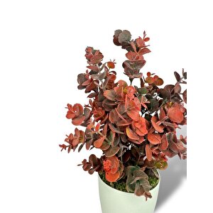 Yapay Çiçek Beyaz Saksıda Okaliptus Şimşir Demeti Pudralı Pastel Bordo Dekoratif Yapay Bitki