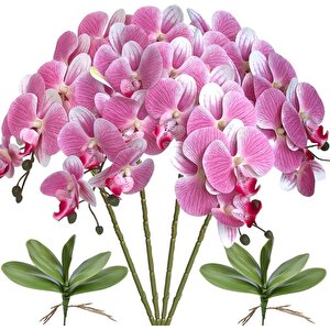 4lü Set Yapay Çiçek Pembe Açık Islak Orkide Ve 2 Adet Orkide Yaprağı Gerçeksi Doku Uzun Dal 90cm