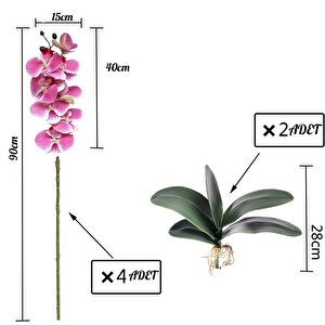 4lü Set Yapay Çiçek Pembe Açık Islak Orkide Ve 2 Adet Orkide Yaprağı Gerçeksi Doku Uzun Dal 90cm