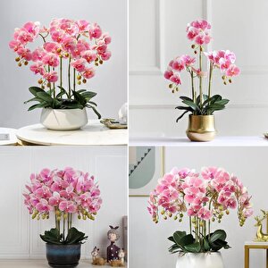 4lü Set Yapay Çiçek Pembe Açık Islak Orkide Ve 2 Adet Orkide Yaprağı Gerçeksi Doku Uzun Dal 90cm
