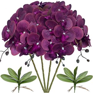 4lü Set Yapay Çiçek Koyu Mor Islak Orkide Ve 2 Adet Orkide Yaprağı Gerçeksi Doku Uzun Dal 90cm