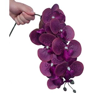 4lü Set Yapay Çiçek Koyu Mor Islak Orkide Ve 2 Adet Orkide Yaprağı Gerçeksi Doku Uzun Dal 90cm