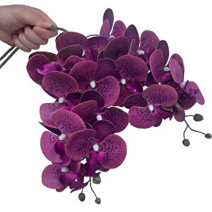 4lü Set Yapay Çiçek Koyu Mor Islak Orkide Ve 2 Adet Orkide Yaprağı Gerçeksi Doku Uzun Dal 90cm