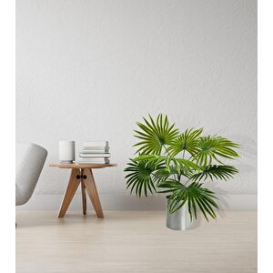 Yapay Çiçek Yelpaze Palmiye 8 Dal 50*40cm Salon Çiçeği Metal Mat Gümüş Saksılı Yapay Bitki
